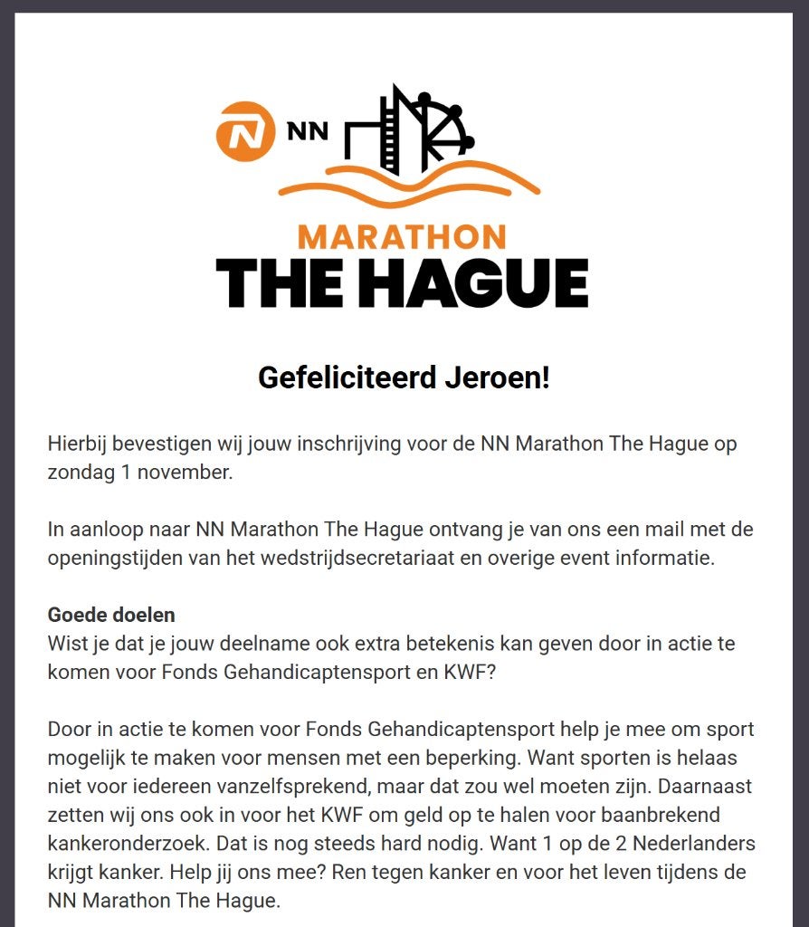 Marathon Den Haag startbewijs+shirt+locker tegen kostprijs, Eén persoon