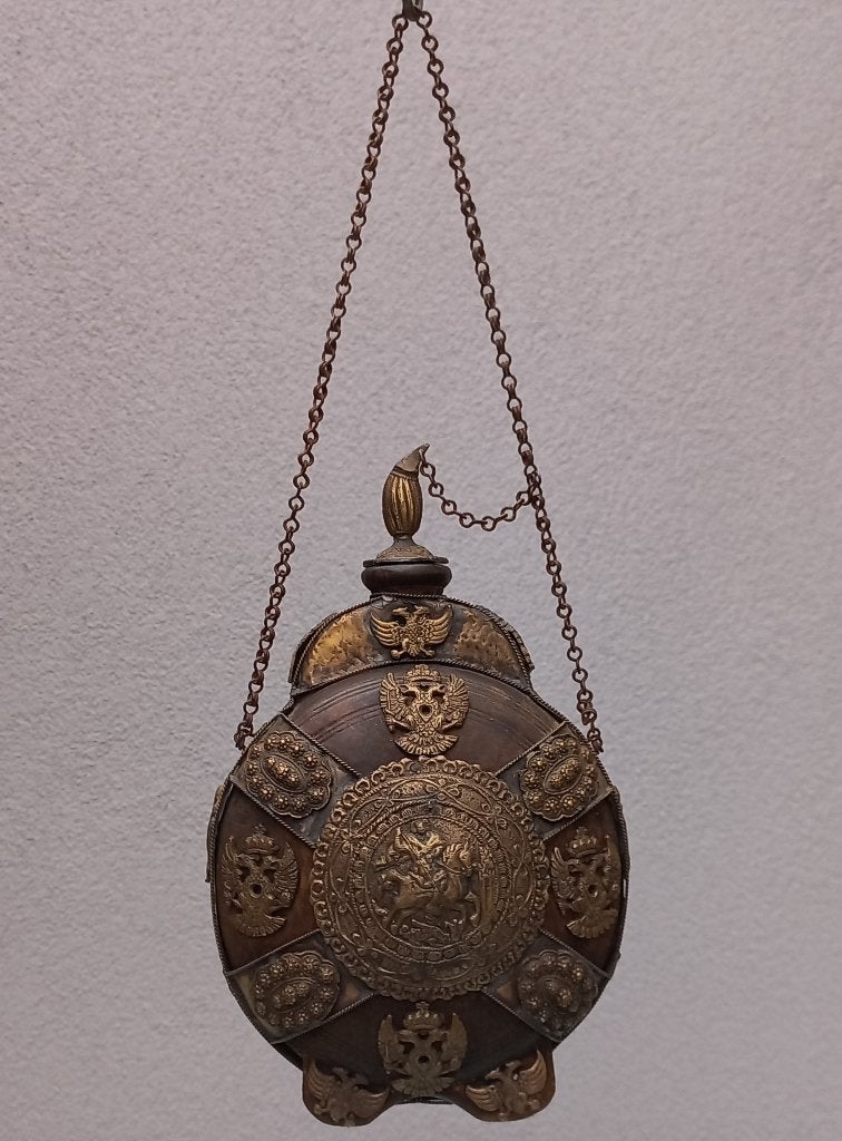 19 eeuw-Russische houten reisfles pelgrimskolf buskruitfles, Ophalen of Verzenden, Landmacht, Overige gebieden, Kunstobject