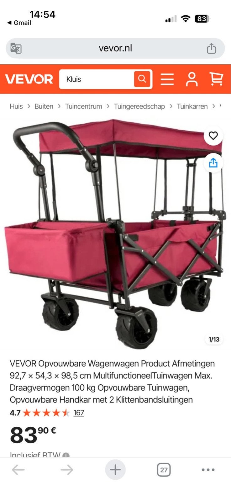 Vevor Opvouwbare Wagenwagen - Multifunctionele Tuinwagen, Caravans en Kamperen, Ophalen, Opvouwbaar, Nieuw