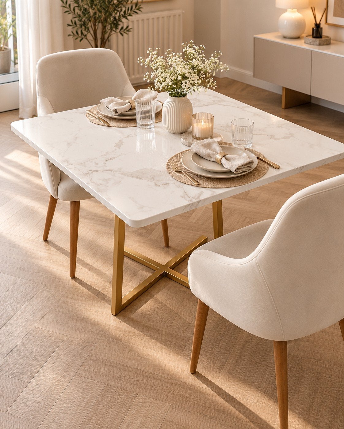 ZGAN Eettafel Marmerlook 80x80 cm + 2 Crème Stoelen, Huis en Inrichting, Ophalen, Kunststof, 50 tot 100 cm, 50 tot 100 cm