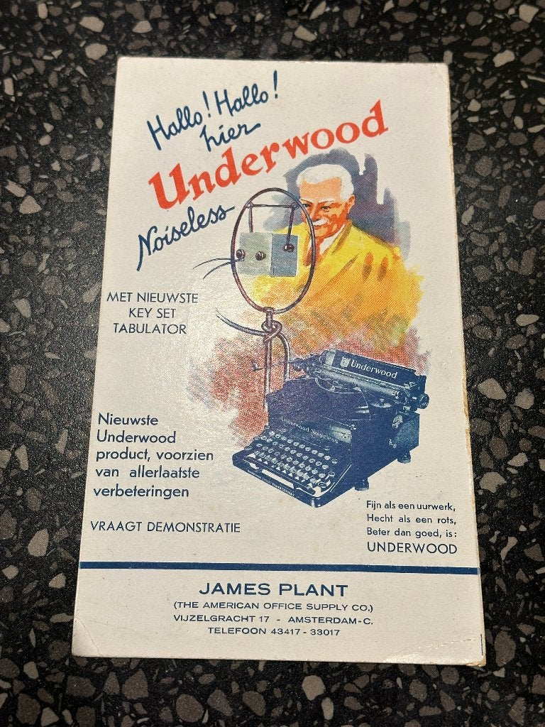 Vloeiblad Underwood typemachine. James Plant Amsterdam., Ophalen of Verzenden, Gebruikt, Overige typen
