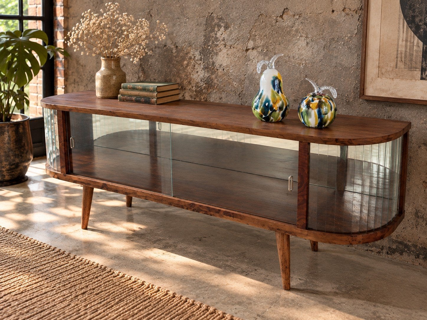 Unieke vintage set – vitrinekast & Krosno glaskunst |