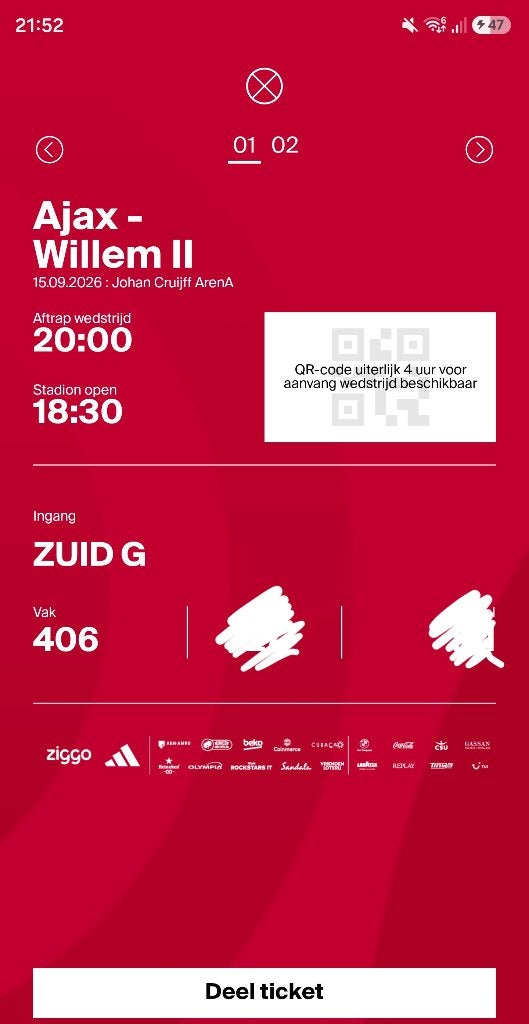 2x tickets Ajax - Willem II - Vak 406 - Twee voor €80, Tickets en Kaartjes, Twee personen, Oktober