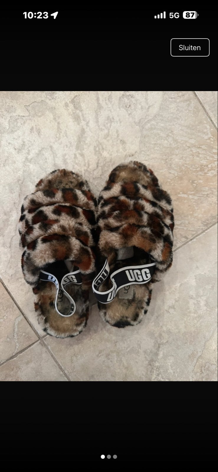 UGG Fluff Yeah Slide Leopard Pantoffels, Slippers, Bruin, Ophalen of Verzenden, Zo goed als nieuw