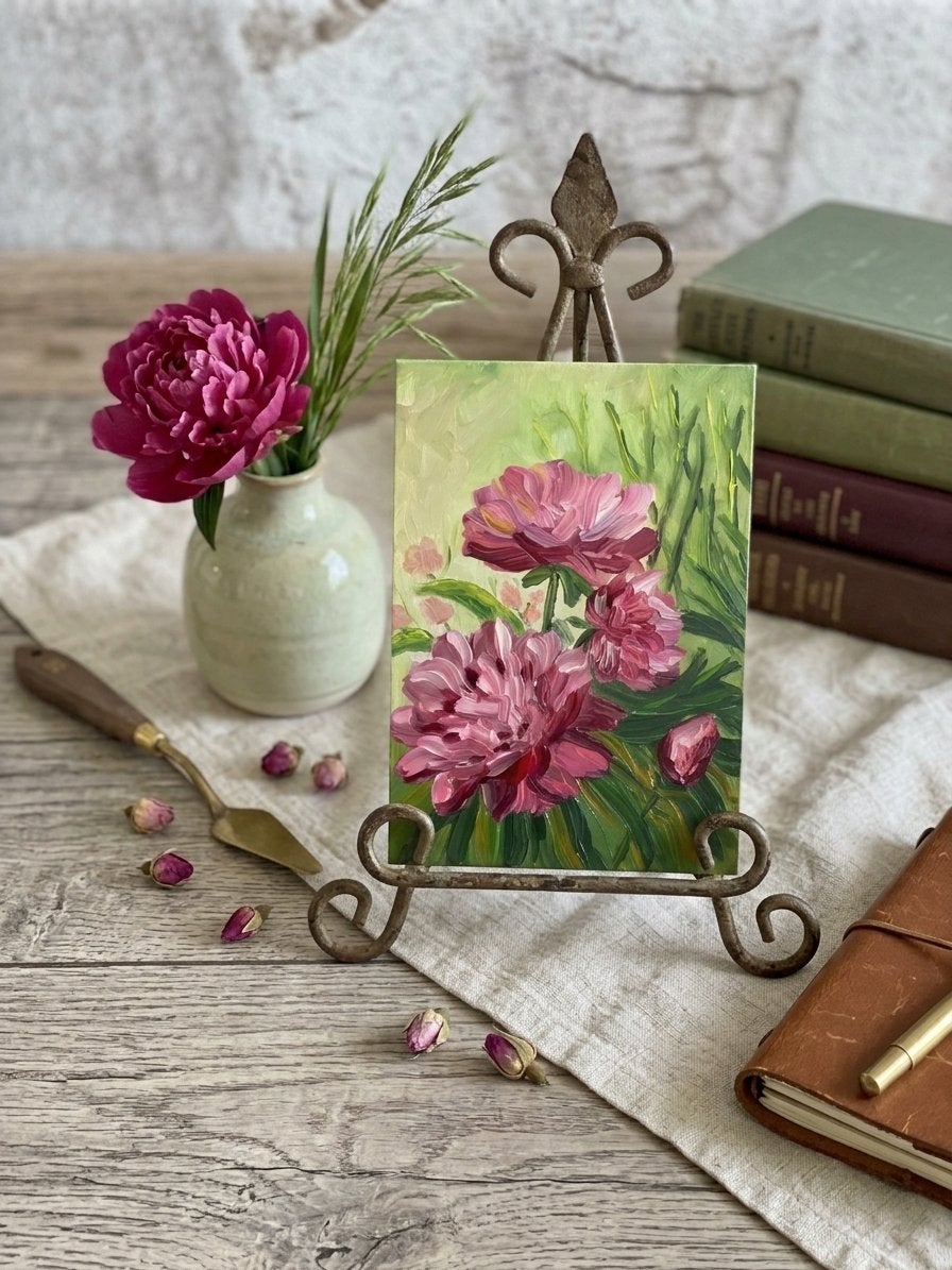 Origineel olieverfschilderij pioenrozen, Bloemen, Paneel, Verzenden, Realistisch