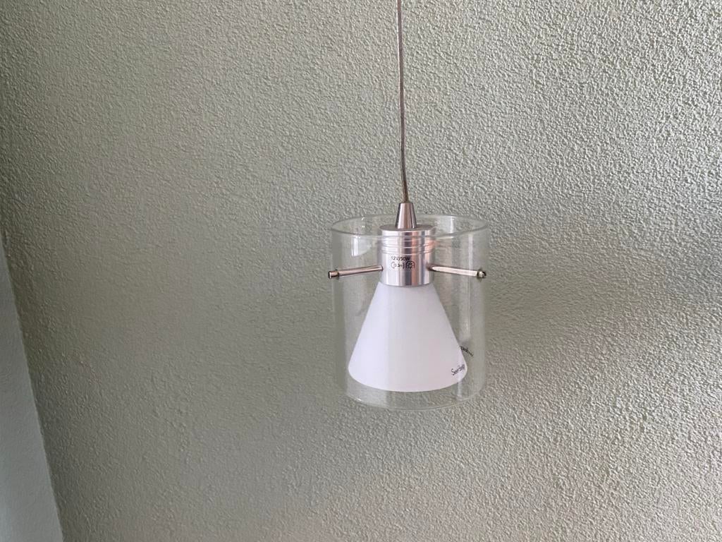 Halogeen hanglamp met 3 glazen kelken, Ophalen of Verzenden, Gebruikt, Glas, 75 cm of meer