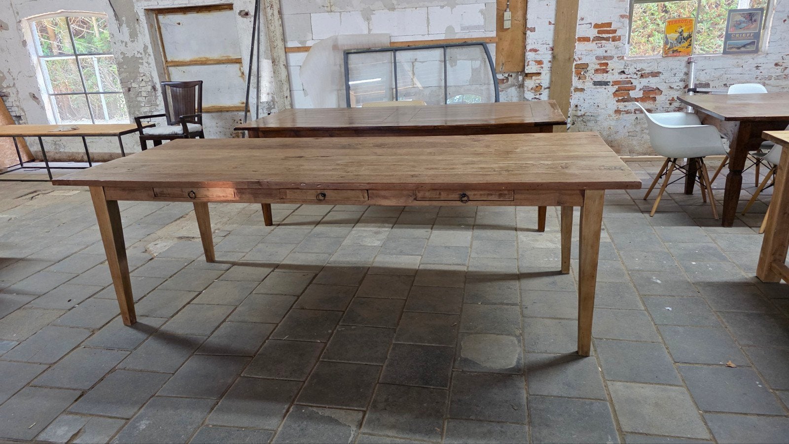 250 cm lange boerentafel mooi geleefd blad met 3 laden, Gebruikt, Ophalen of Verzenden, Nb, Nb