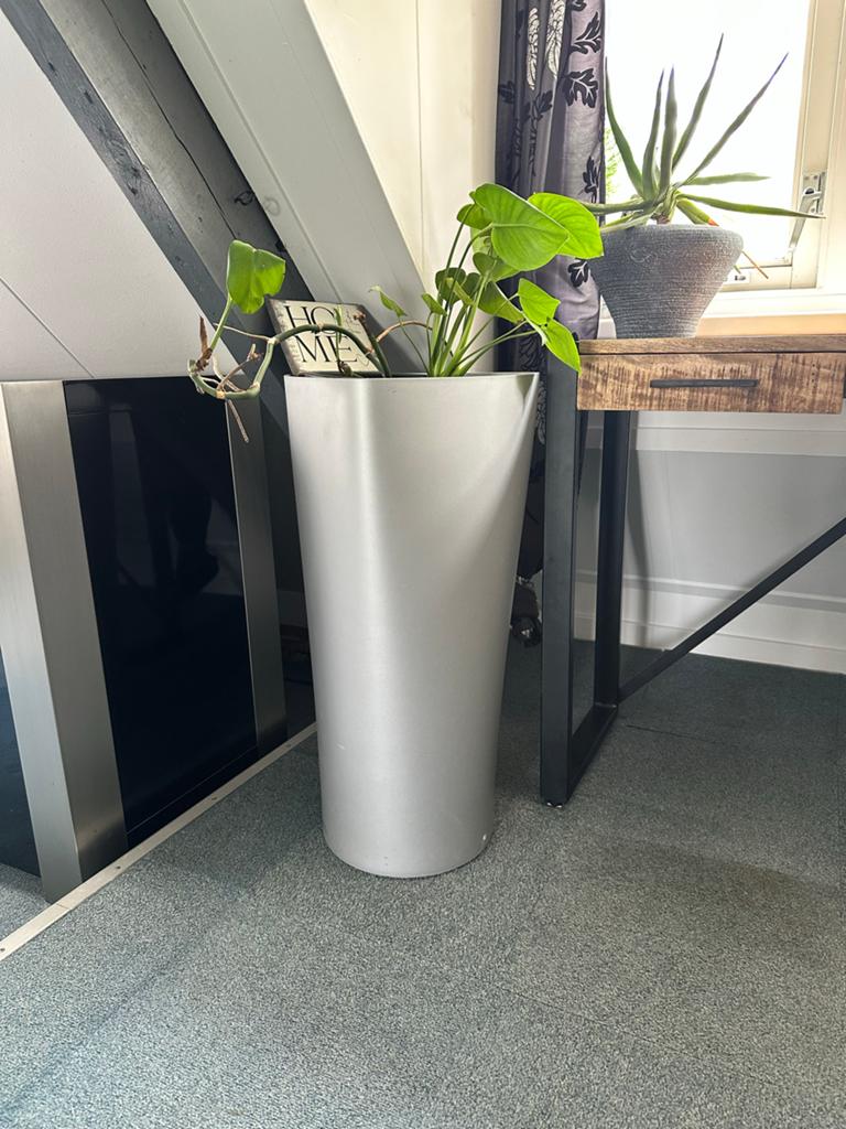 Hoge zilverkleurige plantenpot excl plant, Kunststof, Binnen, Zo goed als nieuw, Overige vormen