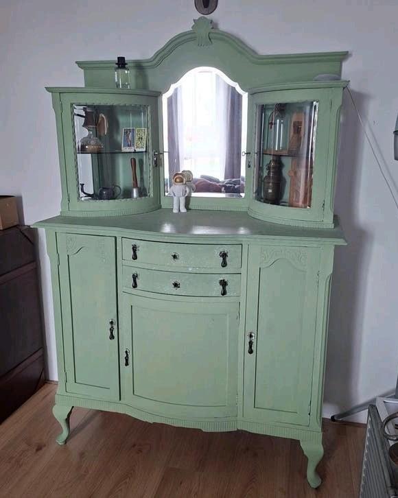 Brocante vintage jadegroene vitrine buffetkast met spiegel., Huis en Inrichting, Ophalen, Gebruikt, Brocante vintage, Glas