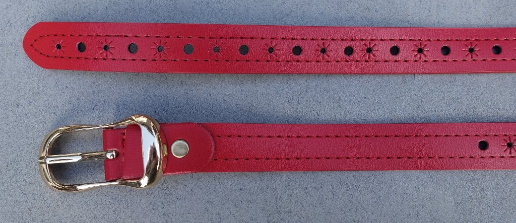 Rode riem met gouden gesp en stervormige perforaties, Minder dan 3 cm, 100 cm of meer, Nieuw, Tailleriem