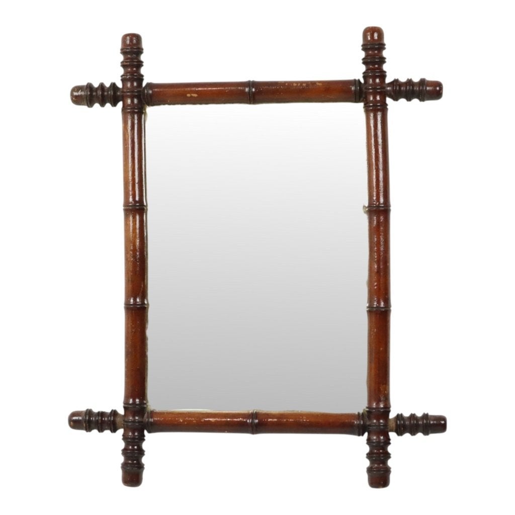 Antieke Houten Spiegel Faux Bamboe Chinoiserie 63x52cm, Ophalen of Verzenden, Rechthoekig, 50 tot 100 cm, Minder dan 100 cm