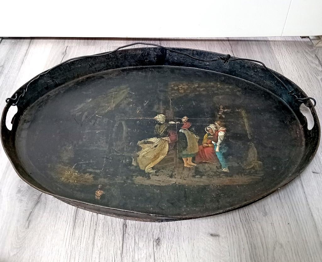 oude geschilderd metalen dienblad, Ophalen of Verzenden, Gebruikt, Rond, Metaal