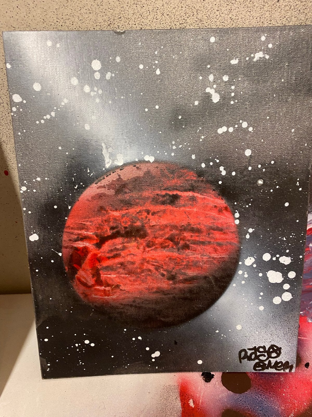 Schilderij met rode planeet en sterrenhemel, Antiek en Kunst, Overig onderwerp, Handgeschilderd, Ophalen of Verzenden, Overige technieken