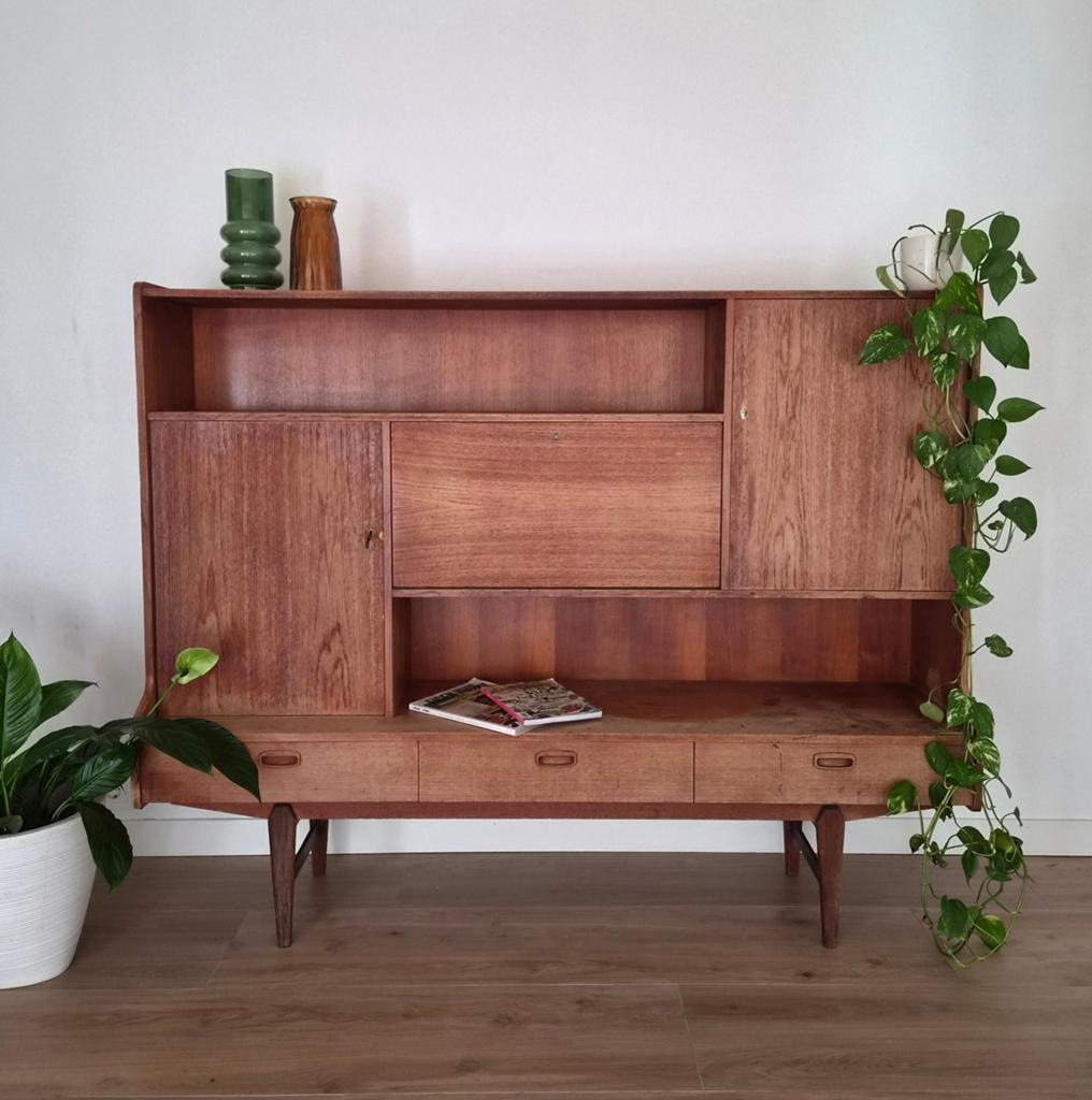 Vintage Teak fineer highboard kast midcentury jaren 60 70, Ophalen of Verzenden