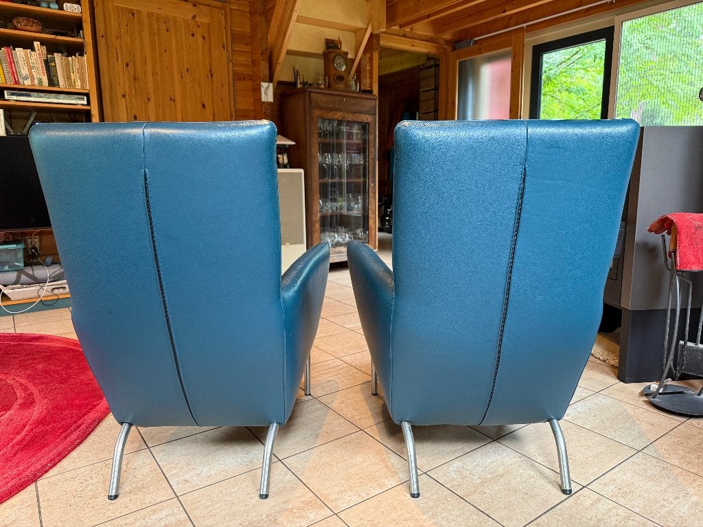 Twee fijne fauteuils van blauw bizonleer, Ophalen, Gebruikt, Modern, 50 tot 75 cm