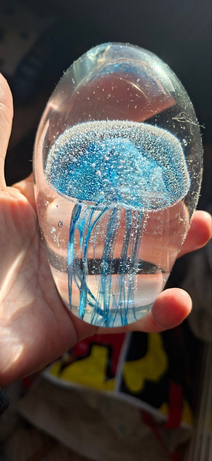 Zwaar glazen presse-papier met blauwe kwal, Ophalen of Verzenden