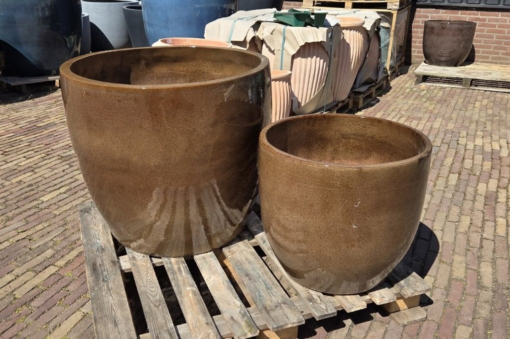 Prachtige GROTE aardewerk bloempotten geglazuurd rond bruin, Ophalen, 40 cm of meer, Rond, Nieuw