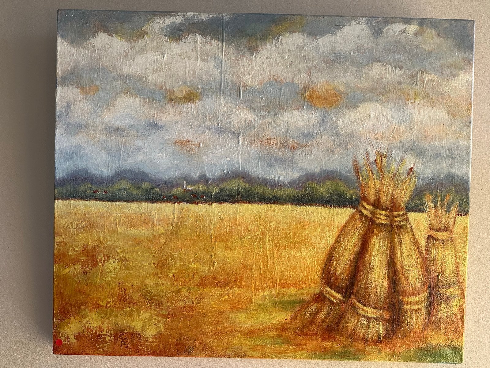 Schilderij: Korenveld met korenschoven (50x60 cm), Doek, Realistisch, Ophalen of Verzenden, Olieverf