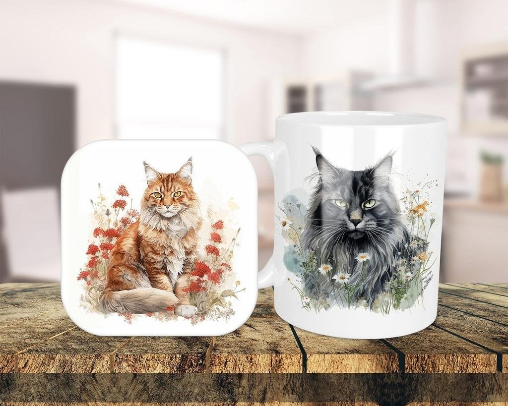 Maine Coon Aquarel set onderzetter + mok, Ophalen of Verzenden, Nieuw, Overige stijlen, Kop(pen) en/of Schotel(s)