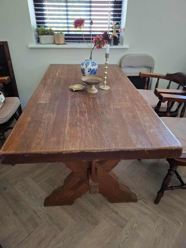 Mooie zware houten eettafel stamtafel, Huis en Inrichting, Tafels | Eettafels, Ophalen, Rechthoekig, 150 tot 200 cm, 50 tot 100 cm