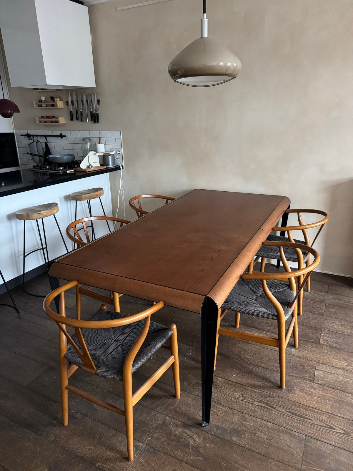 Houten eettafel met 5 Wishbone stoelen, Ophalen, Gebruikt, 50 tot 100 cm, 150 tot 200 cm