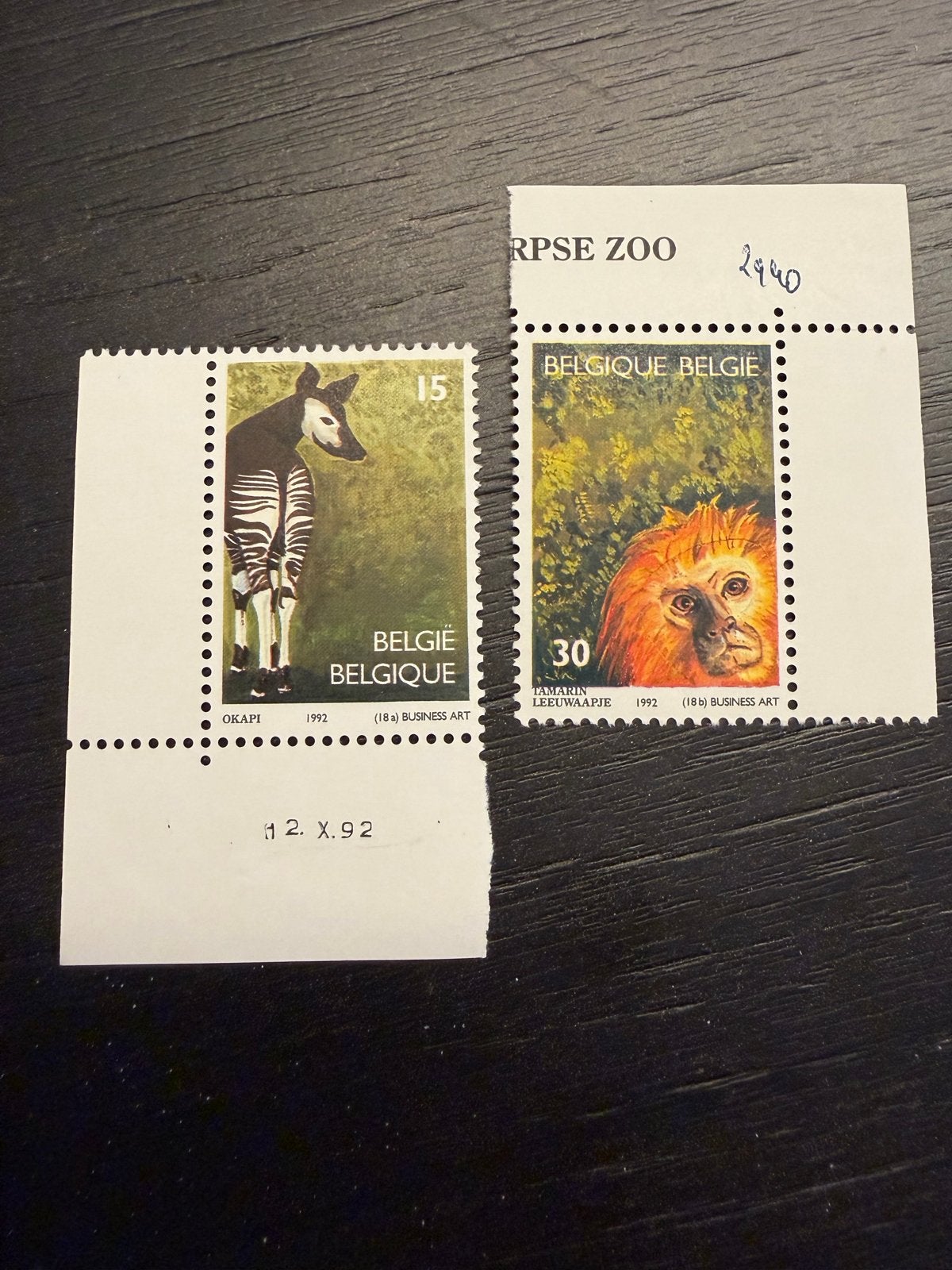 Belgische postzegels 1992: Okapi en Tamarin Leeuwaapje, Met stempel, Frankeerzegel, Ophalen of Verzenden, Gestempeld