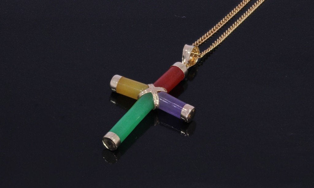 Jade edelsteen kruis 14k gouden ketting hanger fraai, Voordeelsieraden, Verzenden, Zo goed als nieuw, Info@voordeelsieraden.nl