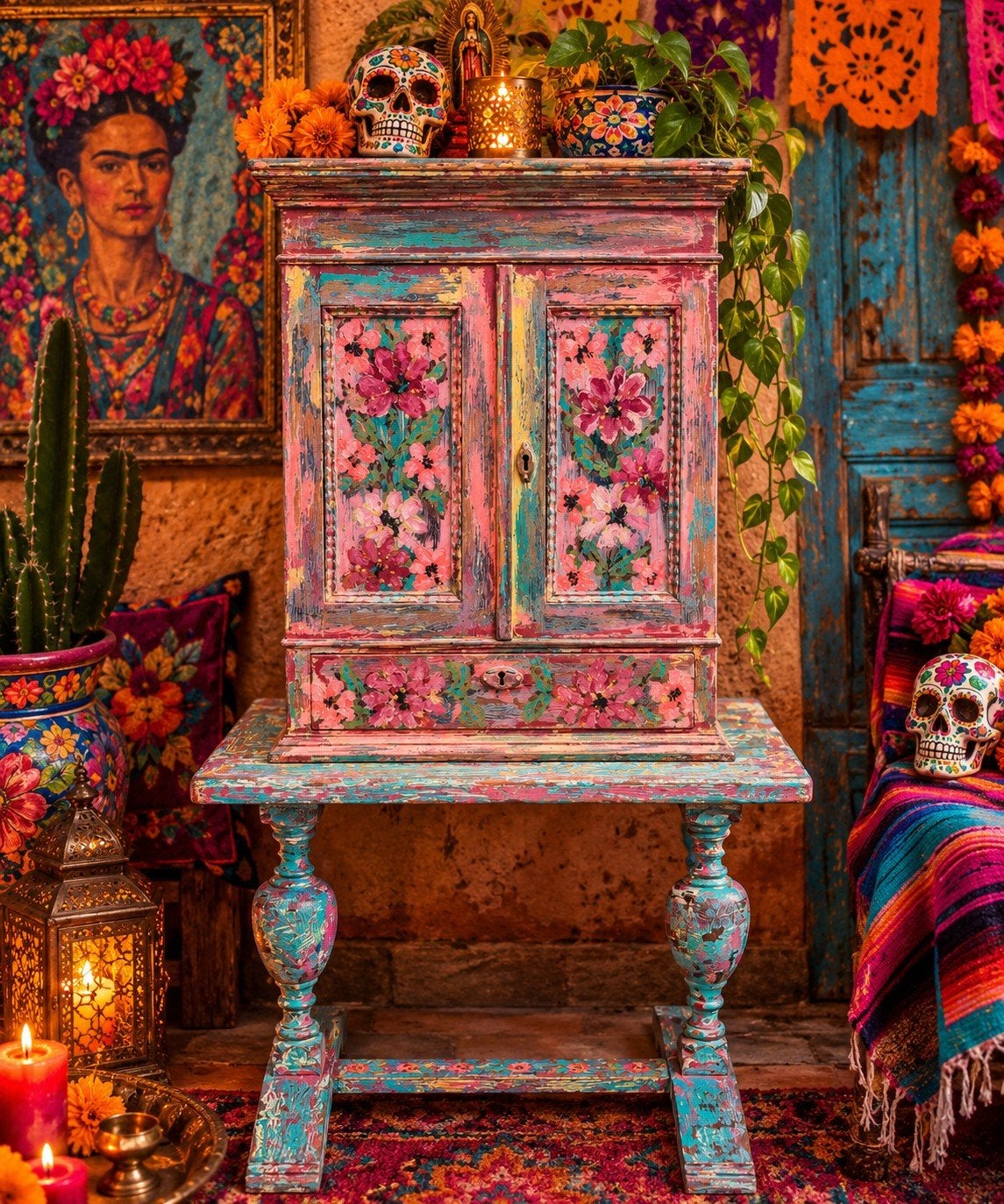 Folk Art/Handgeschilderd/Boho/Mexico/Kastje, Antiek en Kunst, Ophalen of Verzenden