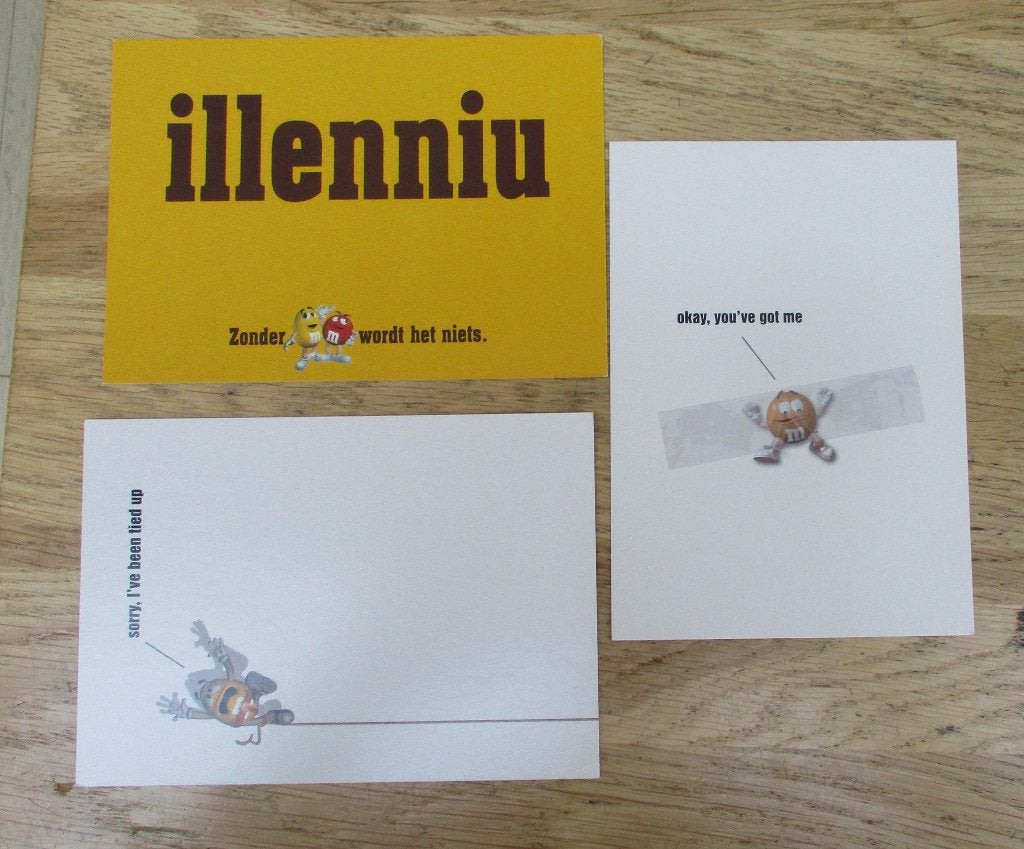 3 vintage reclamekaarten M&M's snoepjes snoepmannetjes, Ophalen of Verzenden, Zo goed als nieuw