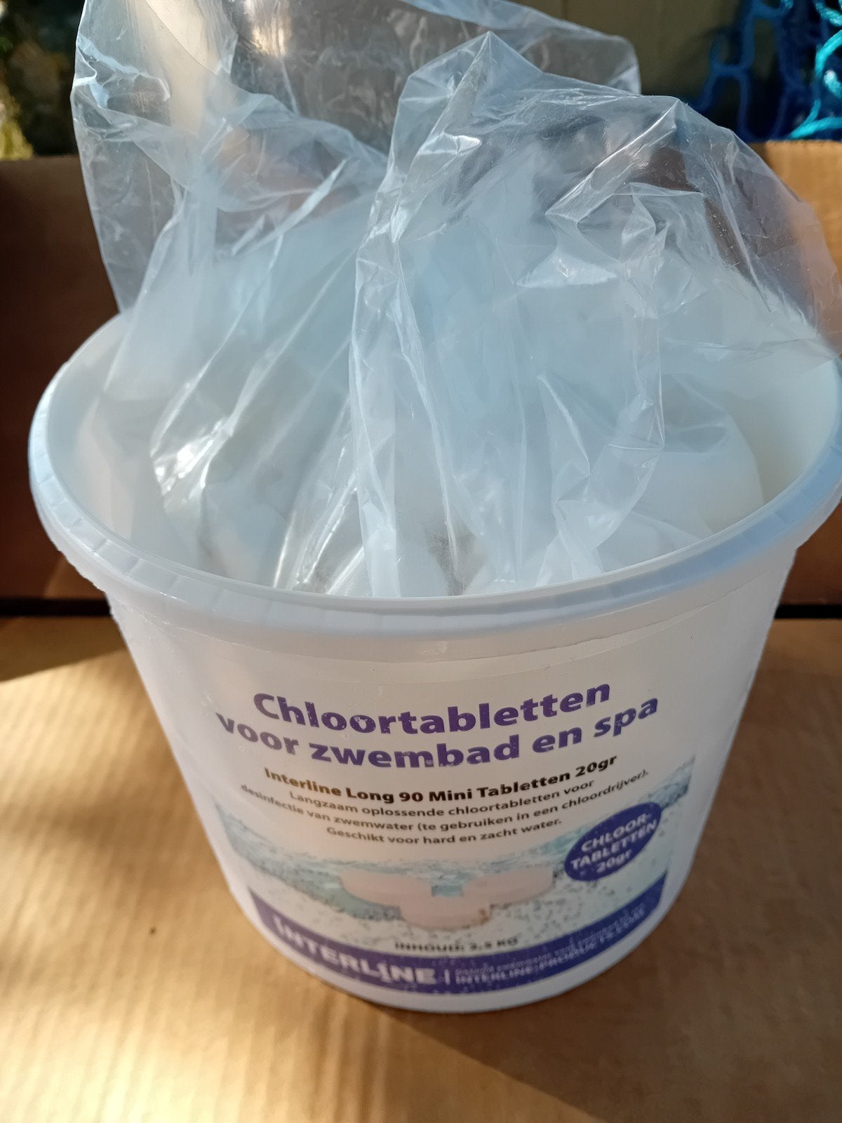 emmer 2,5kg Interline Long 90 mini chloortabletten 20 gr, Ophalen of Verzenden, Zo goed als nieuw, Reinigingsmiddel
