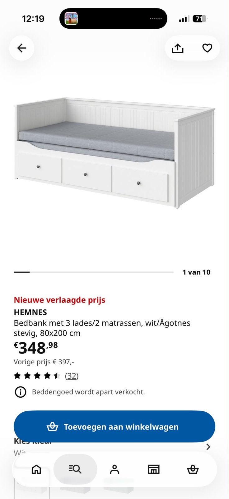 IKEA Hemnes Bedbank 80x200 cm met 3 lades, Ophalen, Gebruikt, Eenpersoons, Wit