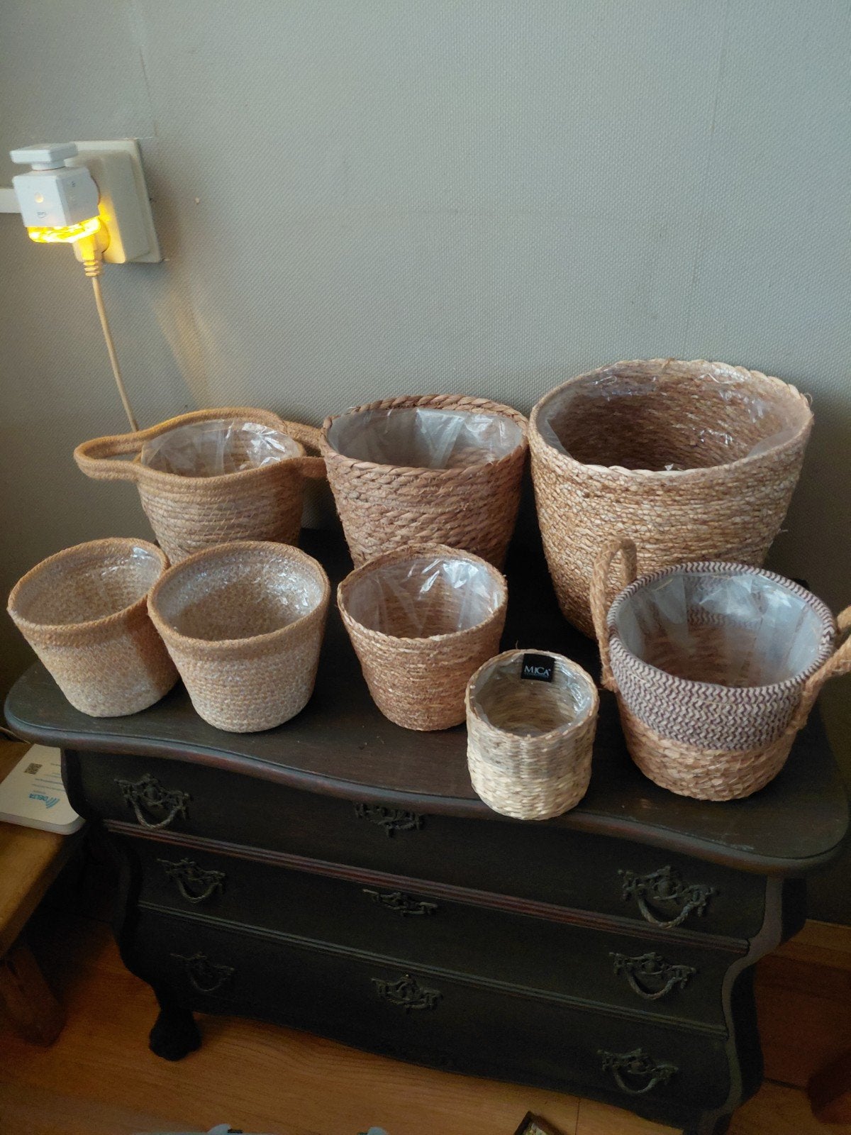 Set rieten manden bloempotten 10 stuks, Ophalen of Verzenden