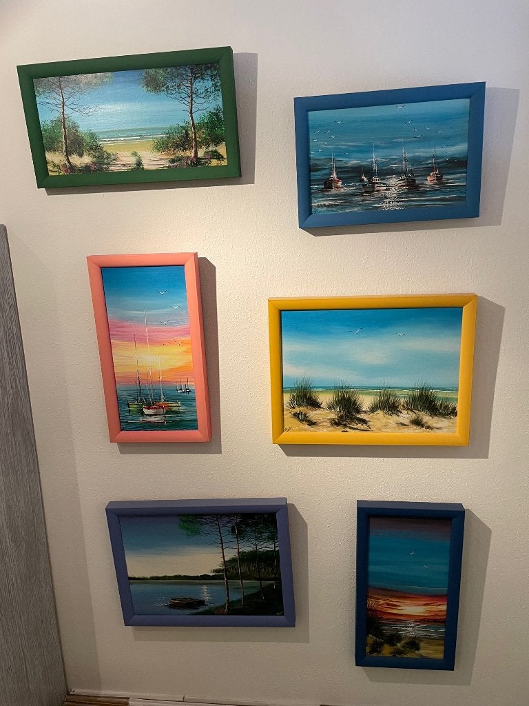Set gezellige olieverfschilderijtjes (6 stuks), Antiek en Kunst, Kunst | Schilderijen | Modern, Ophalen, Op houten frame, Olieverf
