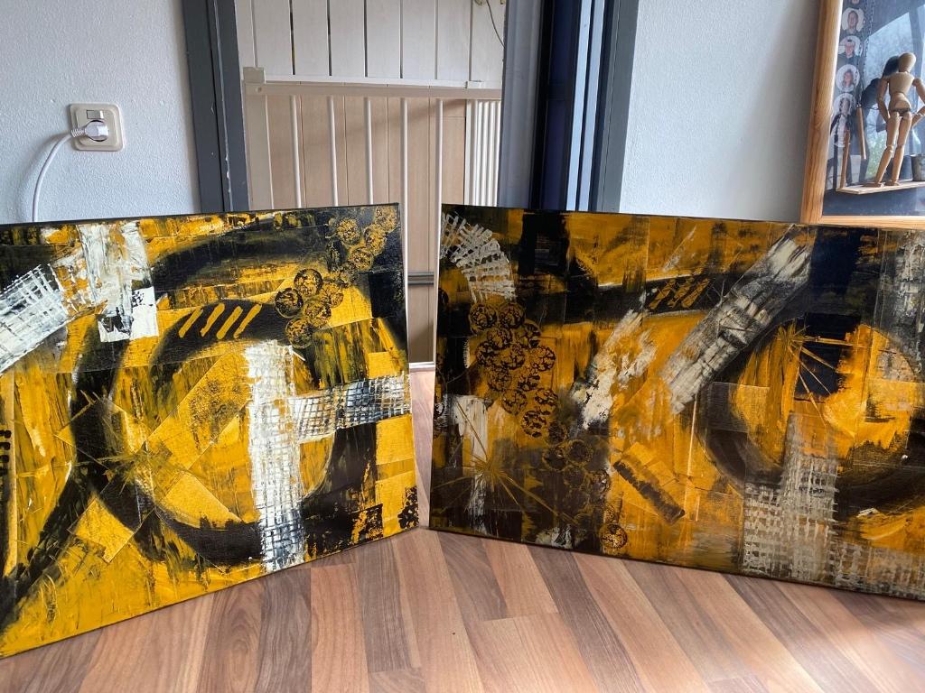 Tweeluik schilderij Marie Thérèse Crombach Slangen geel, Ophalen of Verzenden