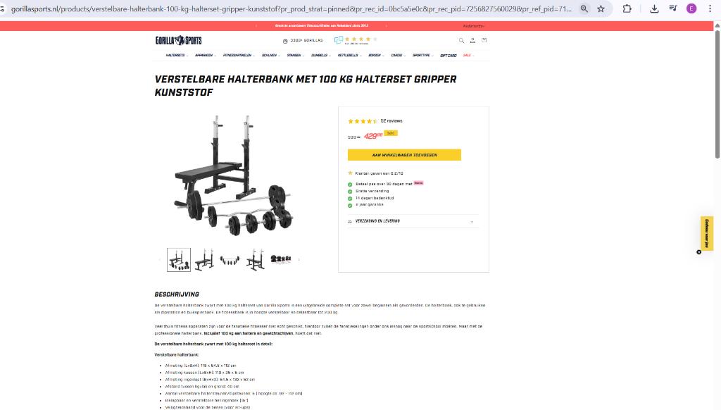 Halterbank & Halterset Gorilla Sports - Complete set, Ophalen, Gebruikt, Halterset