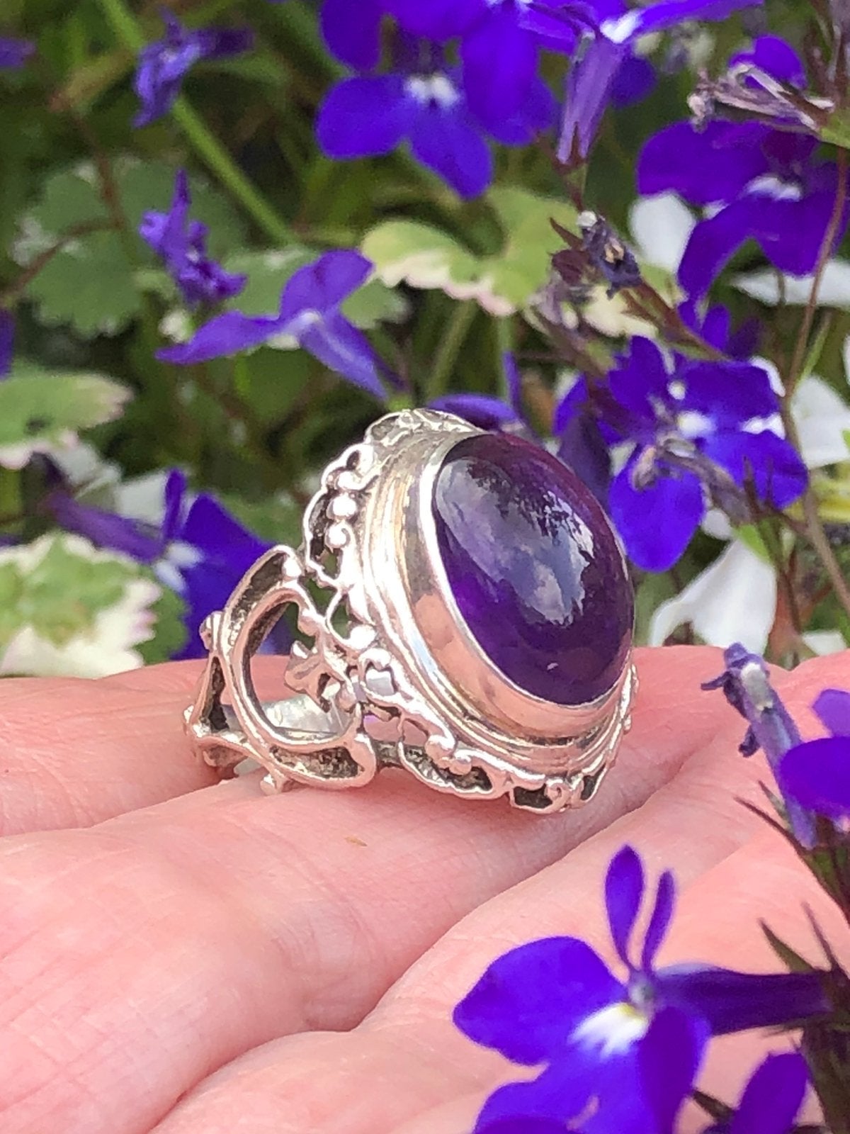 Ring Grote Amethist Art Nouveau Zilver, 18 tot 19, Paars, Ophalen of Verzenden, Zo goed als nieuw