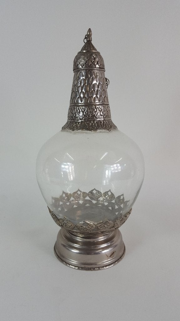 Antieke vintage glazen fles, metaal of tin beslag en dop. S5, Ophalen of Verzenden