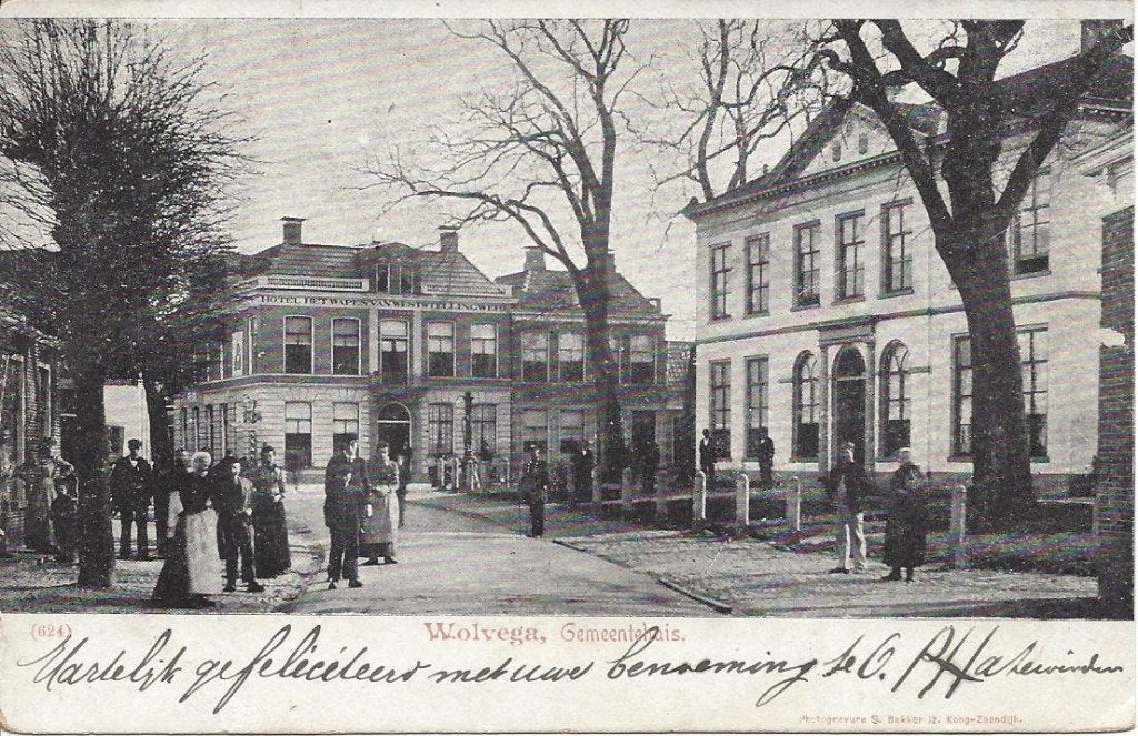 Wolvega (Frl.) Dorpskern met Volk en Gemeentehuis, gel. 1902, Ophalen of Verzenden, Voor 1920, Gelopen, Friesland