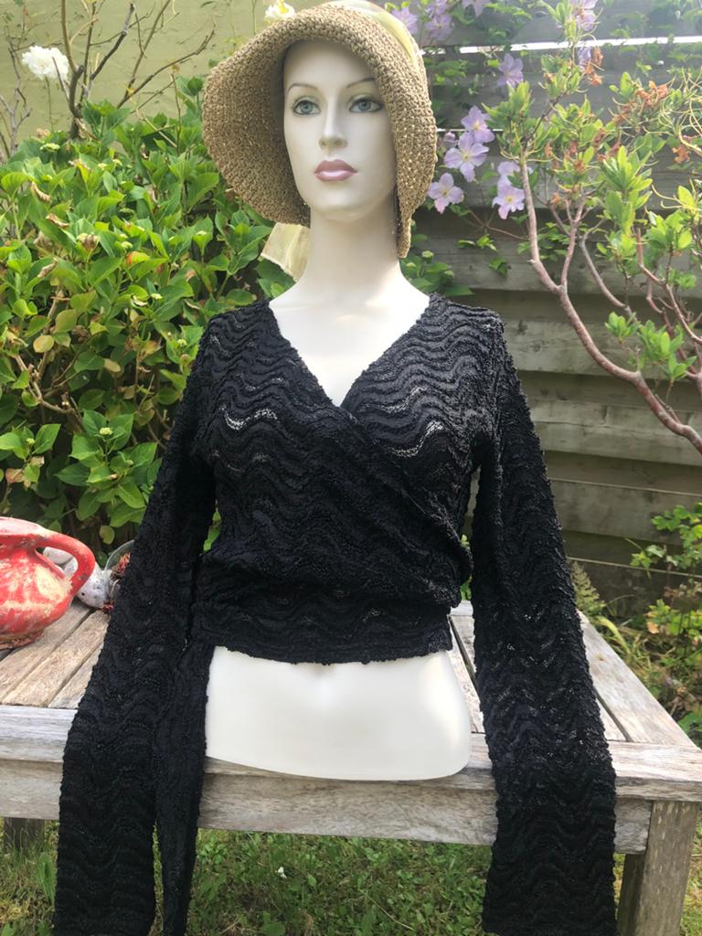 Wikkel blouse langemouw kant 40/ 42/ 44 zwart chic topje rek, Ophalen of Verzenden, Zo goed als nieuw, Maat 42/44 (L), Zwart