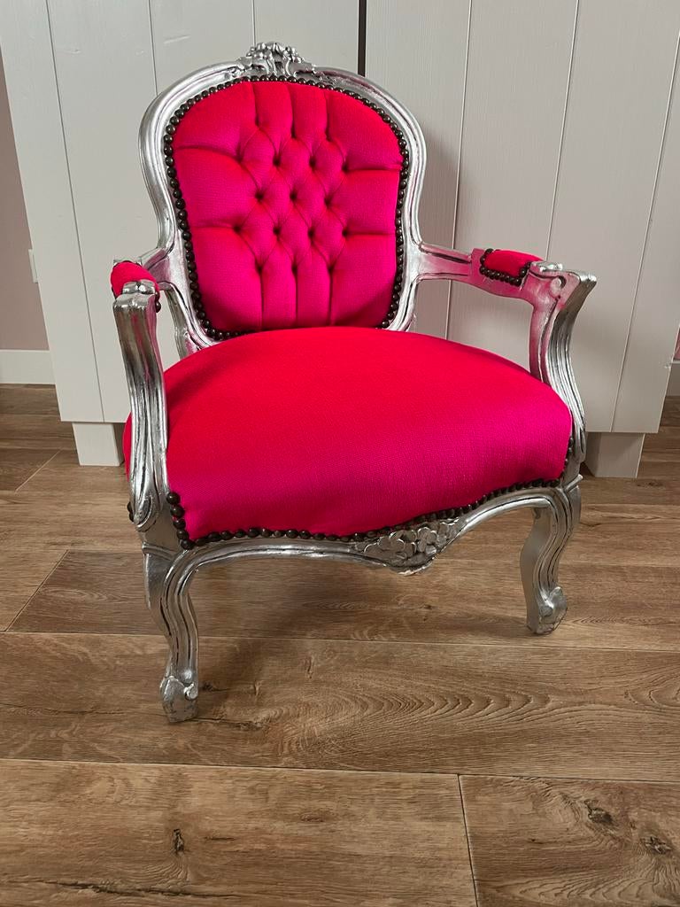 Barok kinderfauteuil - roze met zilveren frame, Huis en Inrichting, Fauteuils, Ophalen, Barok, Minder dan 75 cm, Zo goed als nieuw