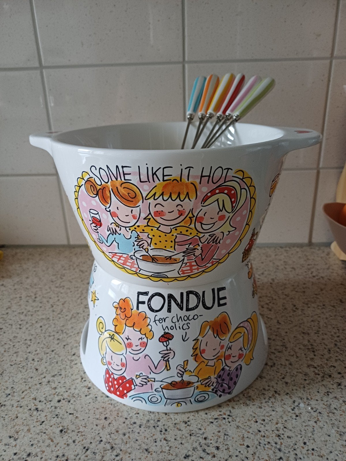 Blond Amsterdam chocolade fondue set, Zo goed als nieuw, Steen/keramiek, Meerkleurig, Ophalen