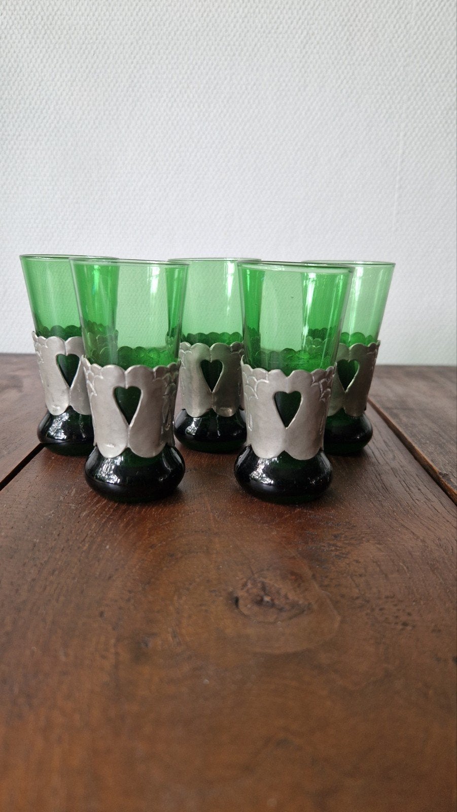 Set van 5 Gero-tin Leerdam groene glazen met tinnen houders, Ophalen of Verzenden