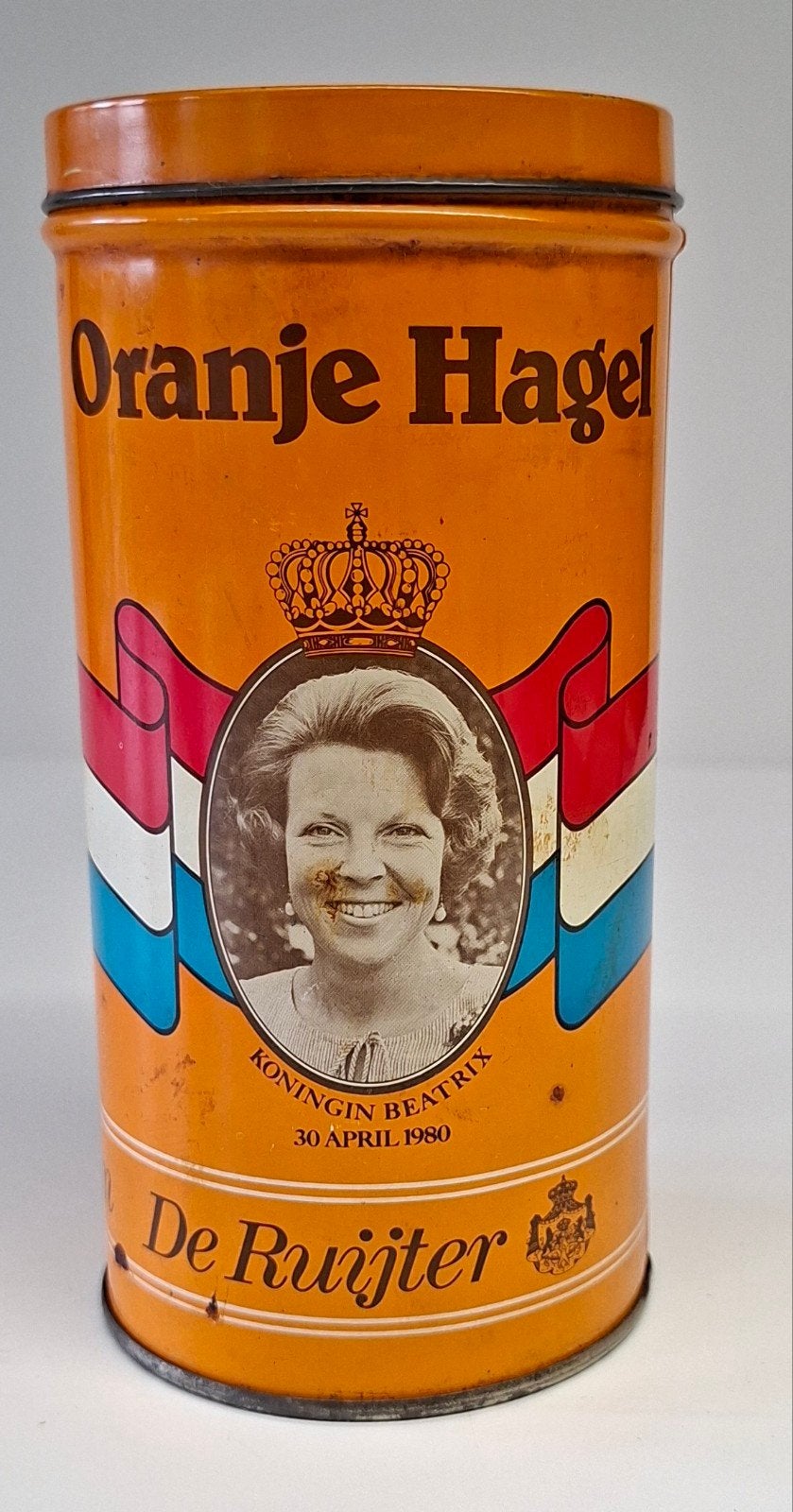 Vintage De Ruijter Oranje Hagel blik 1980 Juliana en Beatrix, Verzamelen, Ophalen of Verzenden, Gebruikt, Overige