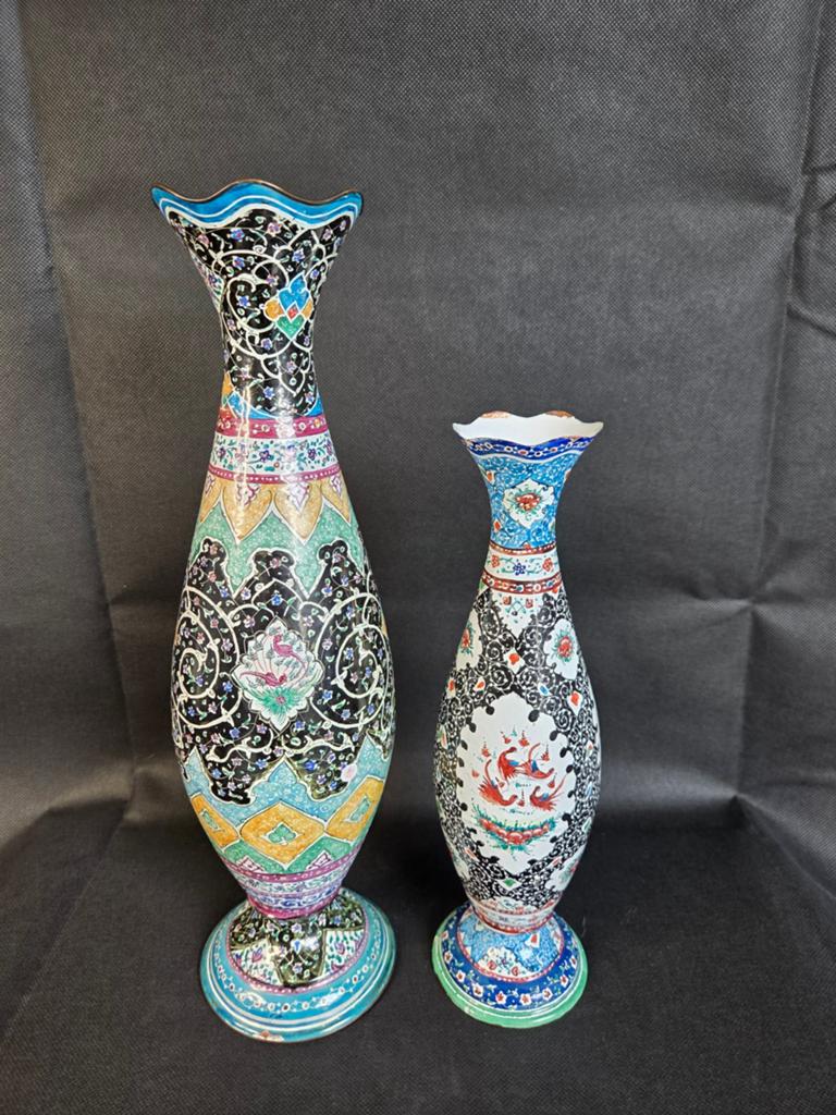 Pair of Vintage Handmade Persian Enameled Copper Vases, Ophalen of Verzenden