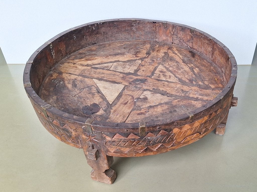vintage antieke houten Indiase chakki tafel salontafel, Ophalen, Gebruikt, 50 tot 100 cm, Teakhout