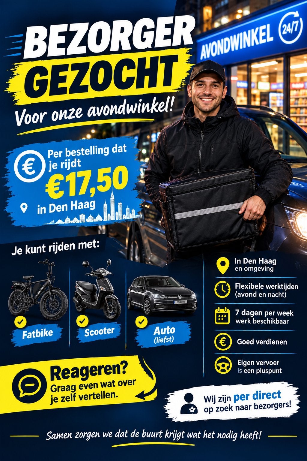 Bezorger gezocht in Den Haag – €17,50 per bestelling, Vacatures, Variabele uren, Overige niveaus, Starter, Overige vormen