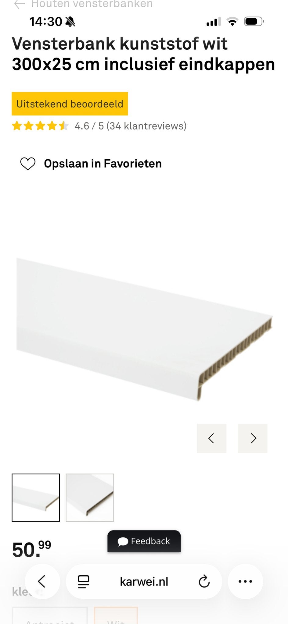 Reststuk Essentials kunststof overzetvensterbank + eindkapje, Ophalen of Verzenden, Zo goed als nieuw, Overige typen, Minder dan 80 cm