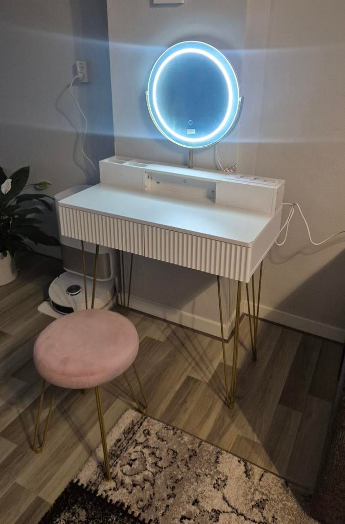 Make up tafel met ledlicht, Ophalen, Met lades, Gebruikt, Wit