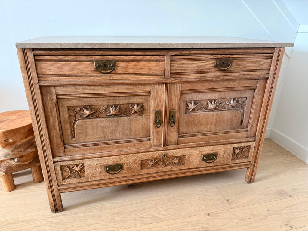 Antiek eiken meubel met marmer blad - Vintage dressoir, Huis en Inrichting, Kasten | Dressoirs, Ophalen, Gebruikt, 100 tot 150 cm