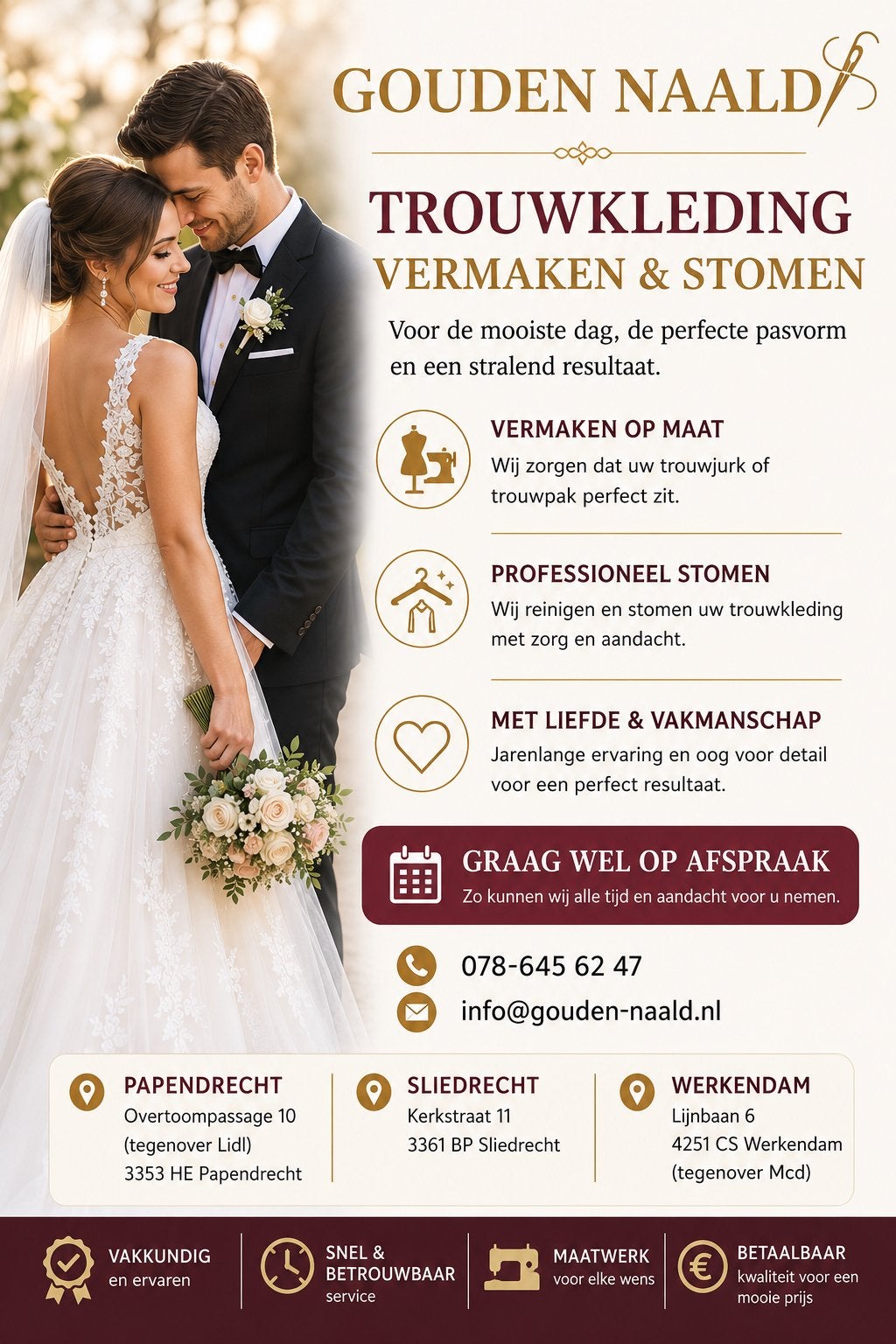 Trouwjurk/Kostuum vermaken, reinigen (professionele stomerij, Ophalen, Zo goed als nieuw, Wit, Trouwjurk